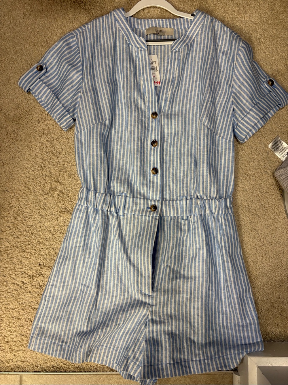 NWT LOFT Blue & White Striped Button Split Neck Romper
